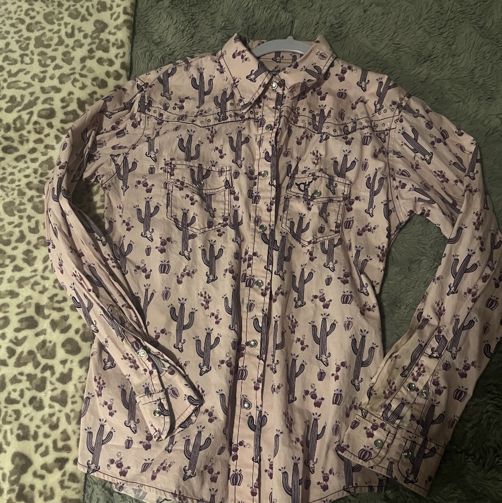 Kids Long-Sleeve Button-Down Cactus Print Shirt — Pink